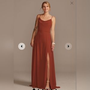 DAVID'S BRIDAL cowl neck chiffon bridesmaid dress with slit